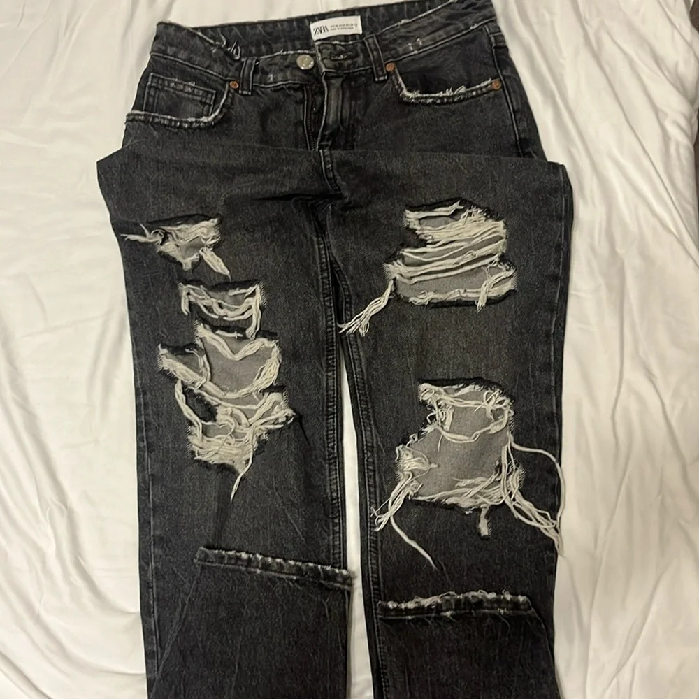 Zara Black Wash Destroyed High Waisted Straight Jeans